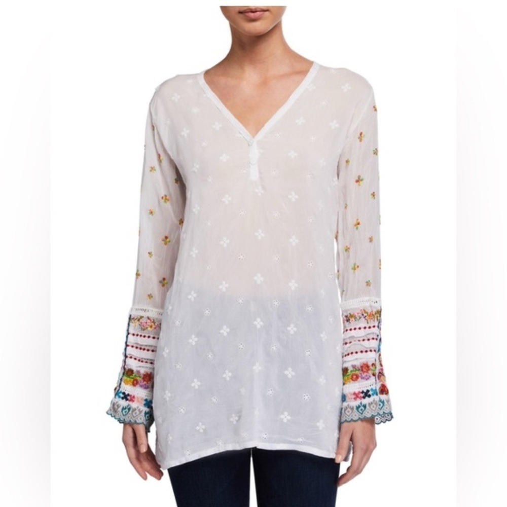 Johnny Was White Embroidered Boho Peasant Blouse Women’s Size s tunic button up